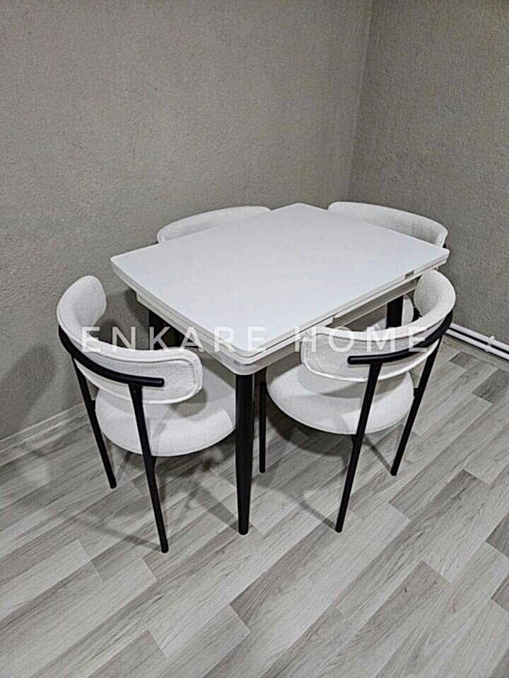 Beyaz Küçük Mdf Masa, Elisa Sandalye Takımı, Açılabilir Masa, 4 Kişilik Yemek Masası, 68x90