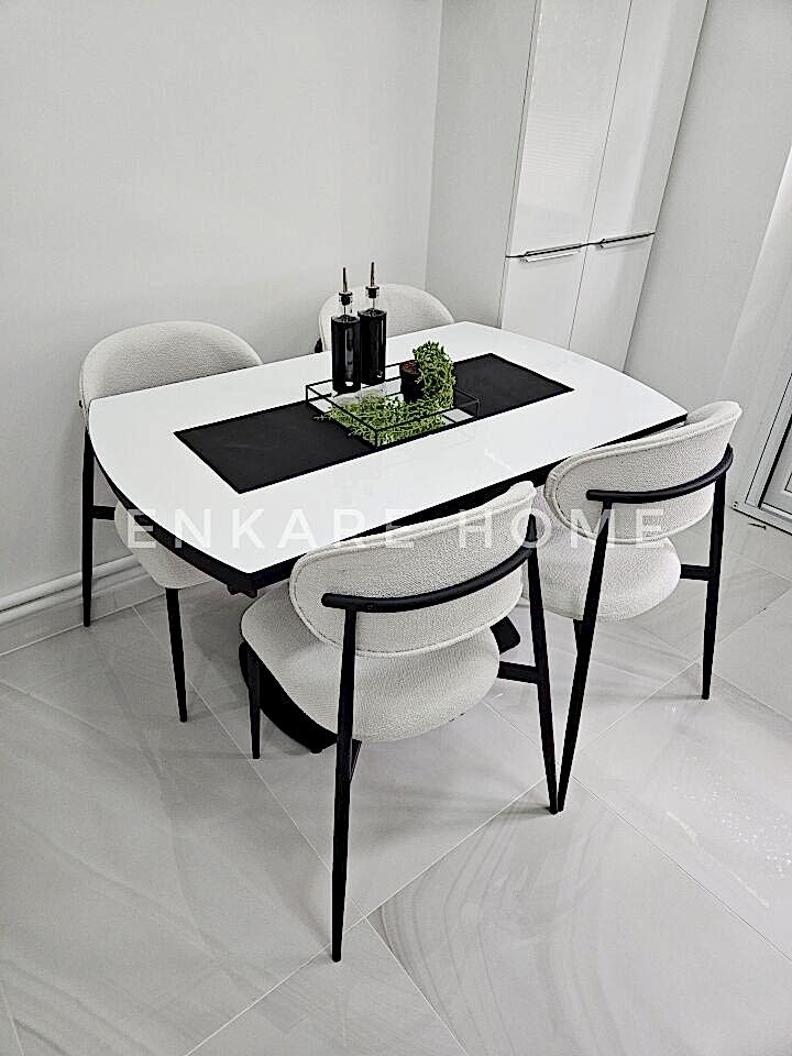 X Ayaklı Gloss Masa & Sera Sandalye Takımı | Açılır Mdf Masa + 4 Sandalye | 80x130-190 |Mutfak Salon