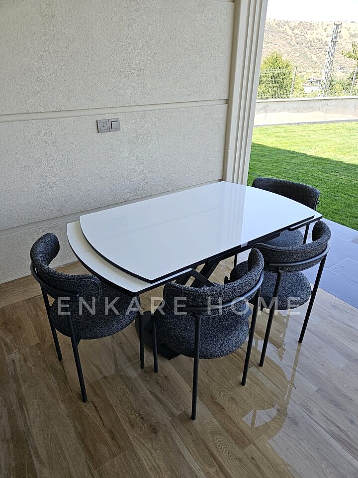 X Ayaklı Gloss Masa & Elisa Sandalye - Antrasit | 4 Kişilik Masa Sandalye Takımı | 80x130-190 cm | Çift Kanat Açılır | Mutfak Salon
