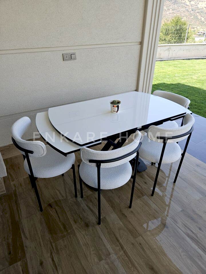 X Ayaklı Gloss Masa & Elisa Sandalye - Beyaz Kumaş 4 kişilik | 80x130-190 cm | Çift Kanat Açılır | Mutfak & Salon | Masa Sandalye Takımı