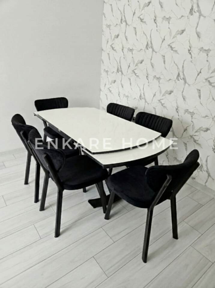 X Ayaklı Gloss Masa & Papatya Sandalye | 6 Kişilik Masa Sandalye Takımı | Siyah