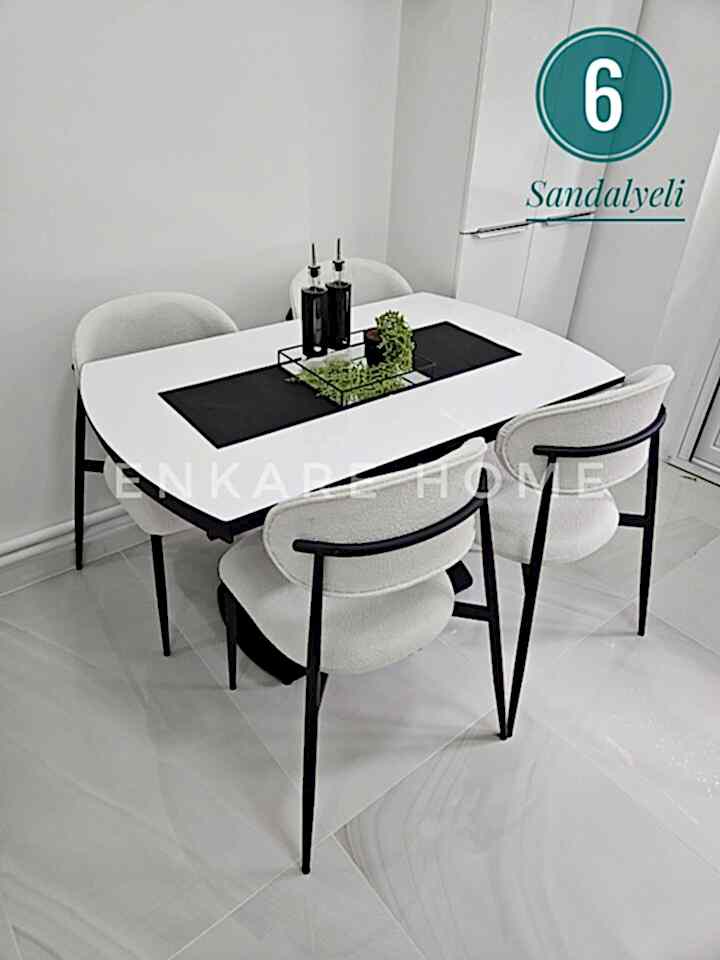 X Ayaklı Gloss Masa & Sera Sandalye Takımı | 6 Kişilik Masa Sandalye - Açılır Mdf Masa + 6 Sandalye | 80x130-190 |Mutfak Salon