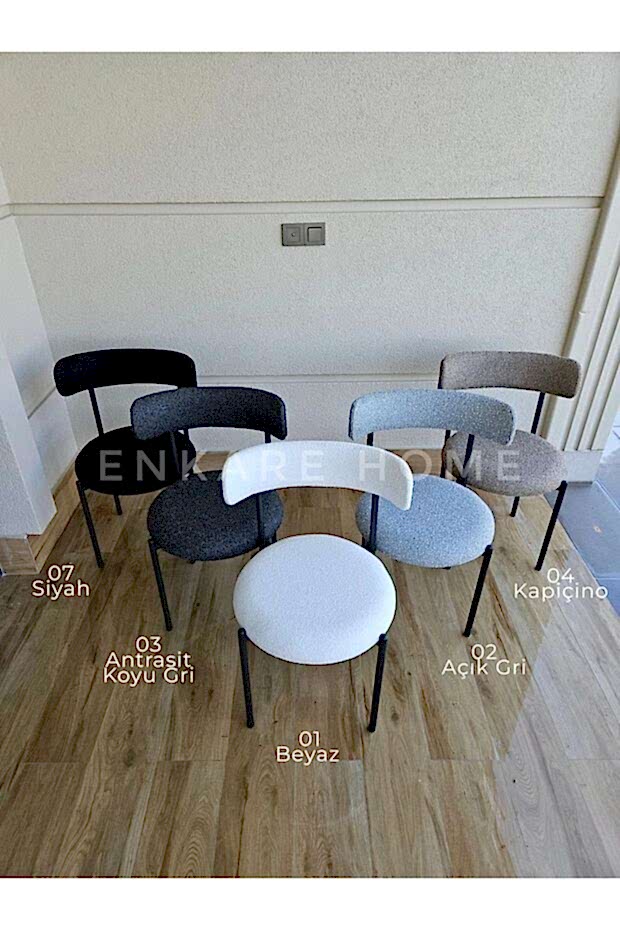 Sur Yuvarlak Masa ve 4 Adet Elisa Teddy Sandalye - 90 cm MDF Sütun Mantar Ayaklı Bohem Masa Sandalye